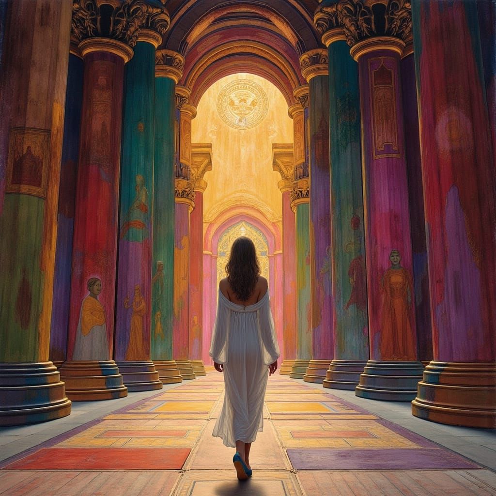 Woman Emerging from Futuristic Temple in Vibrant Colors