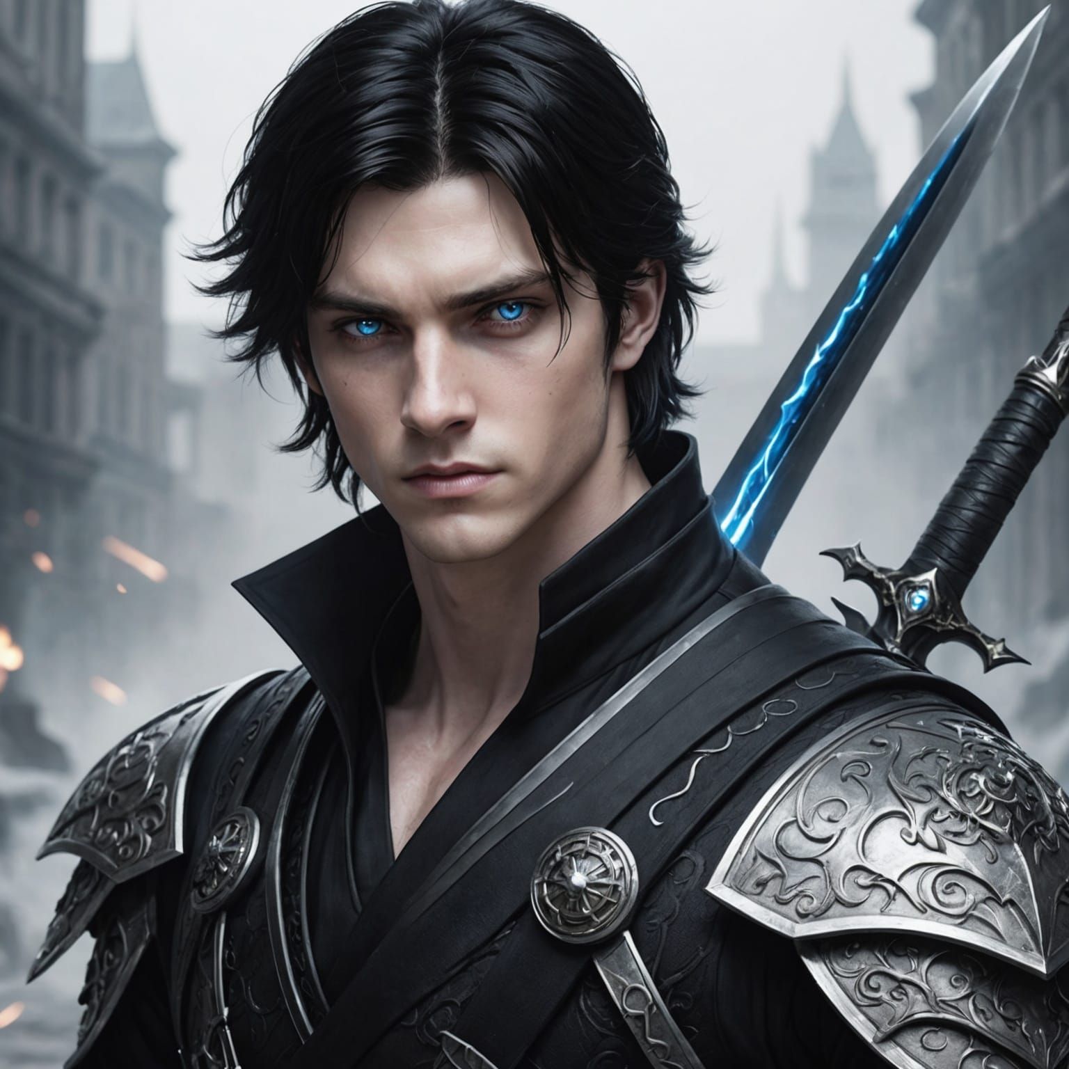 Young Blade Master with Black Hair and Blue Eyes