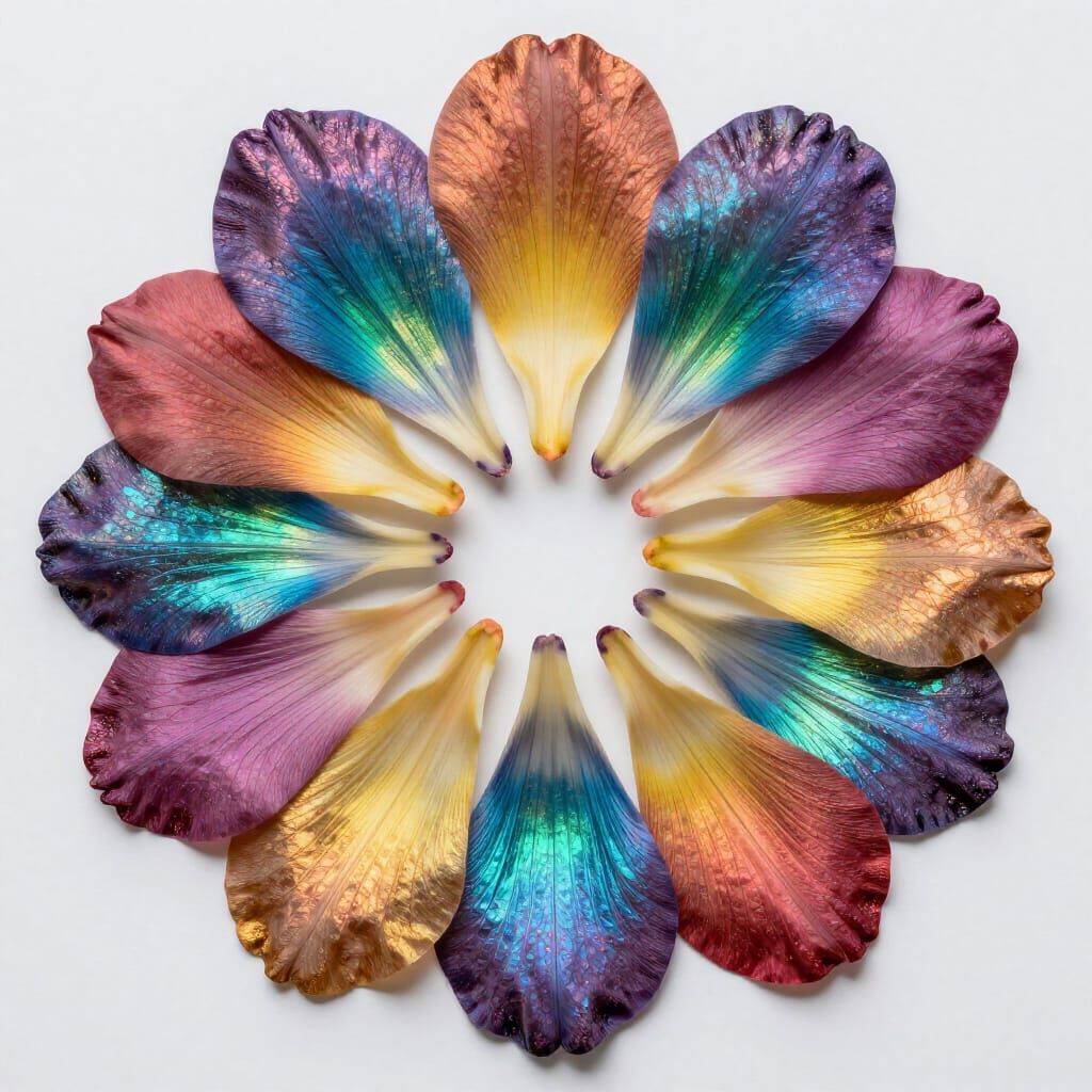 Individual flower petals arranged  as art against  rainbow metallic micro textures calcopyrite
