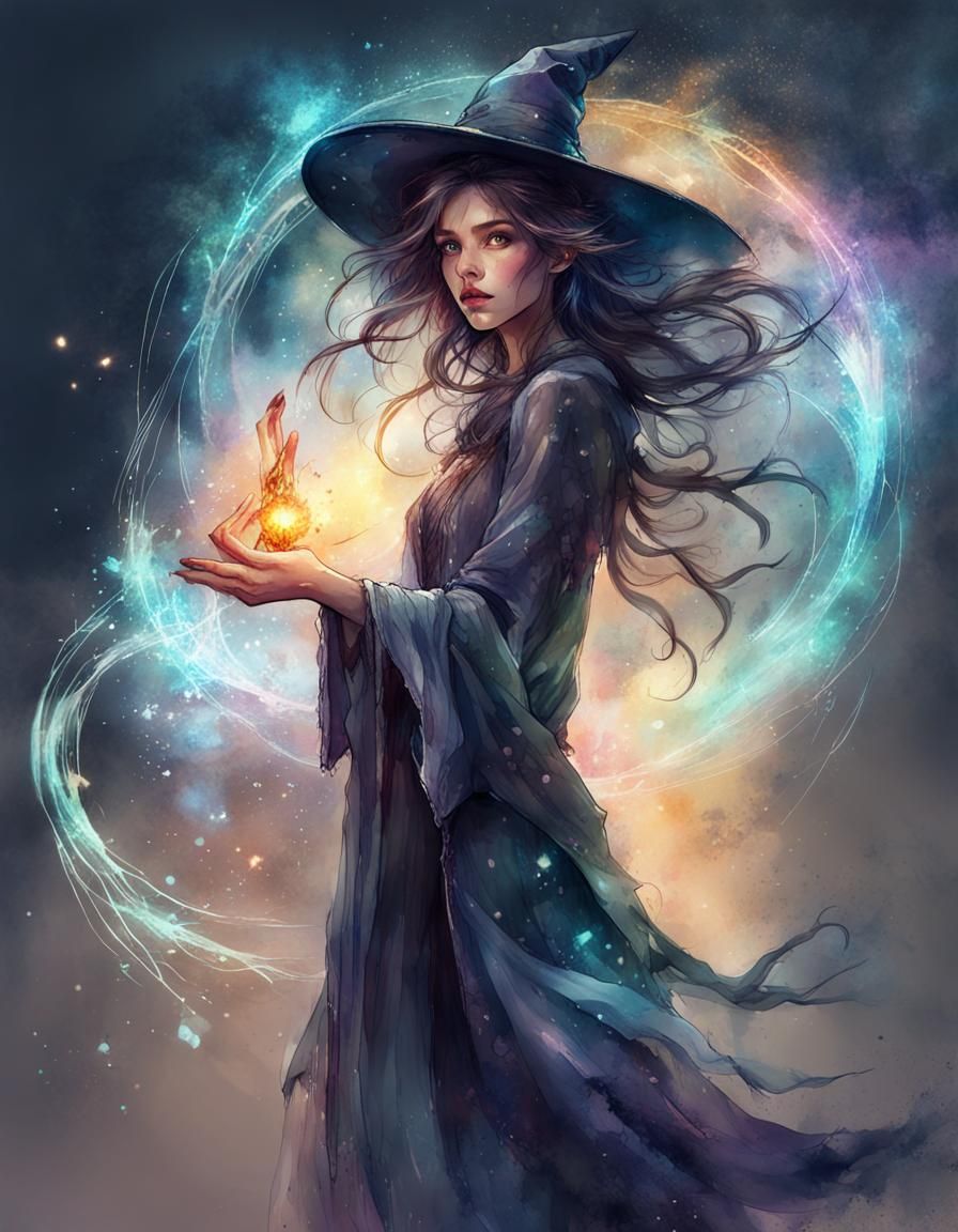 Beautiful Witch Casting Spell in Digital Watercolor