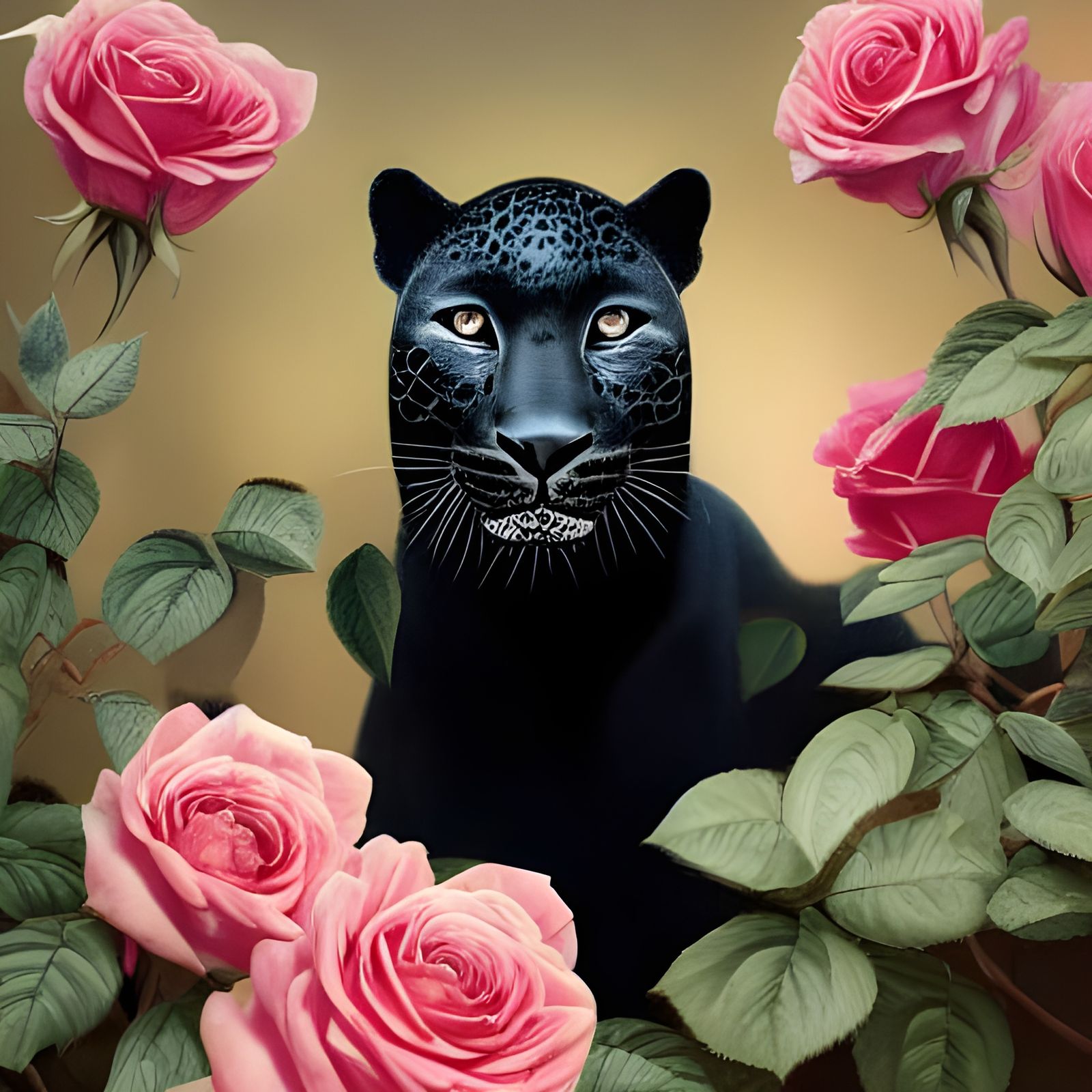 Black Leopard in Roses: Detailed Studio Photography
