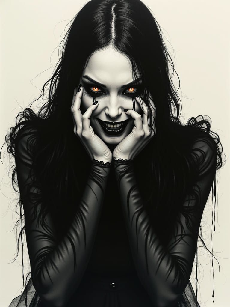 Haunted Gothic Woman with Unsettling Smile