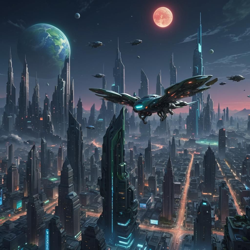 Futuristic Alien Cityscape with Neon Lights and Flying Objec...