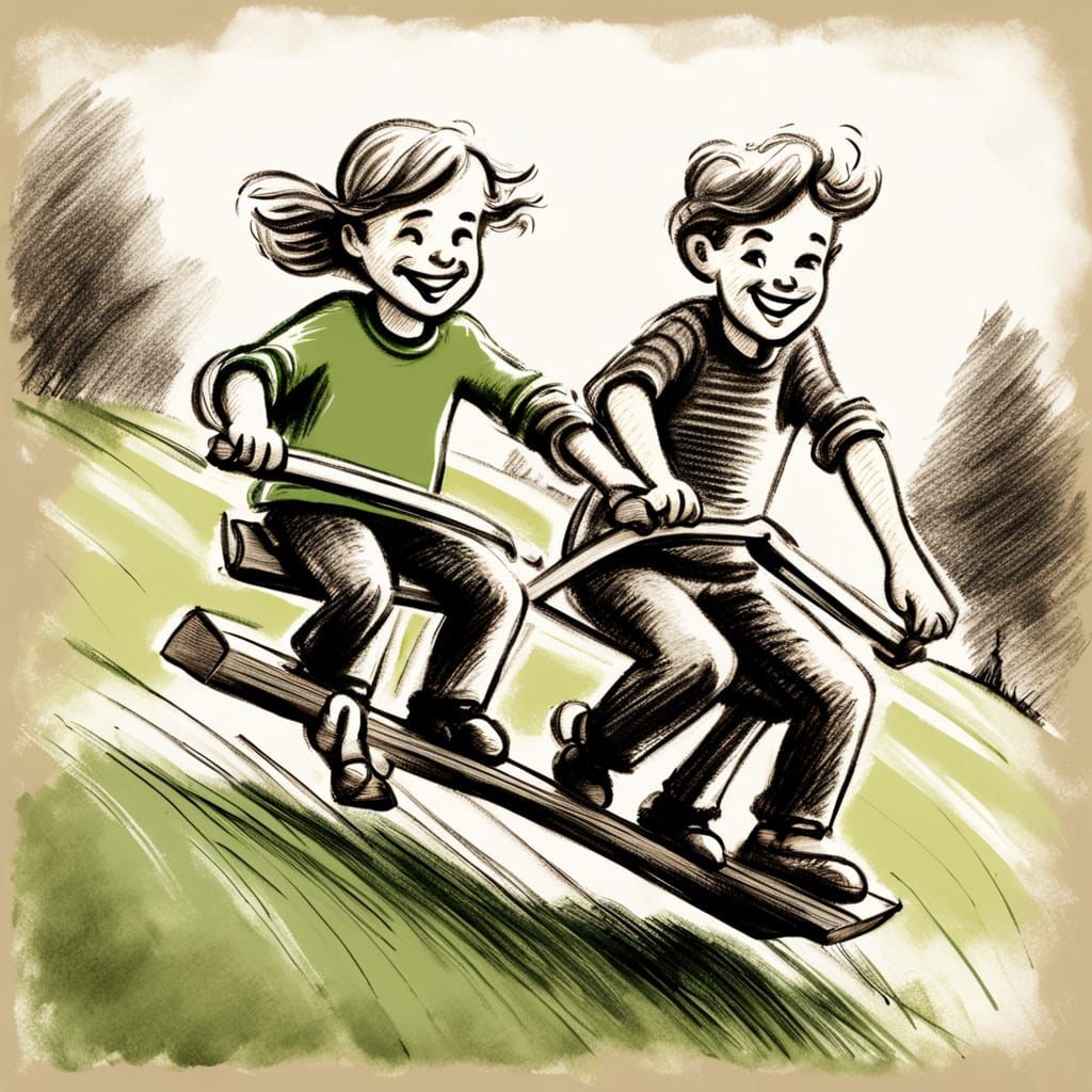 Vintage Sketch of Friends on Antique Seesaw