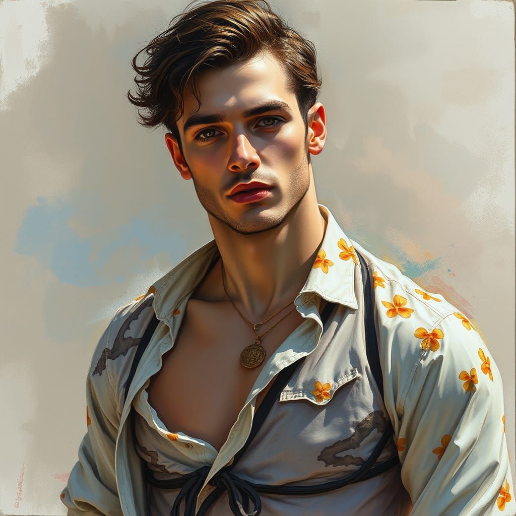 Ethereal Portrait of Handsome Man in Mixed Media