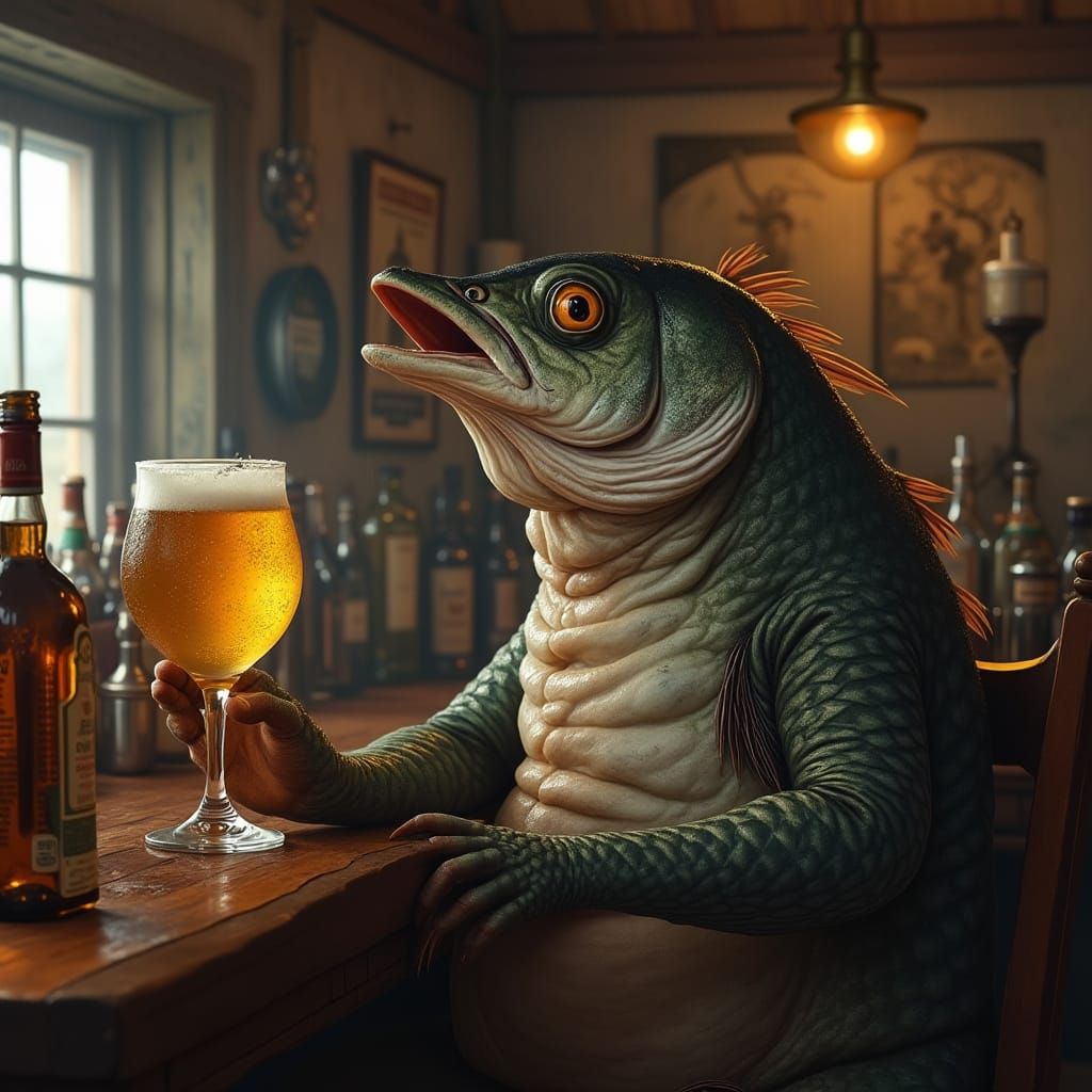 Drunk Herring Fish Enjoys a Drink at a Bar