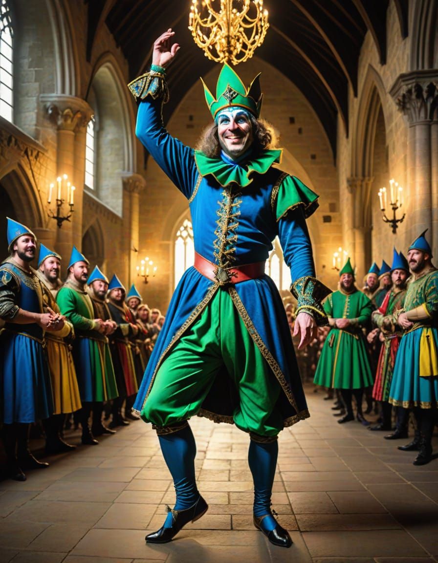 Medieval Jester in Blue and Green Motley
