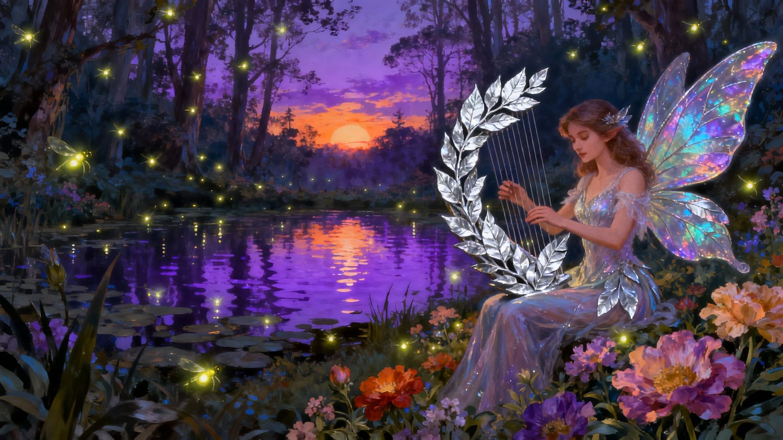 Enchanting Twilight Forest with Fairy Playing Harp
