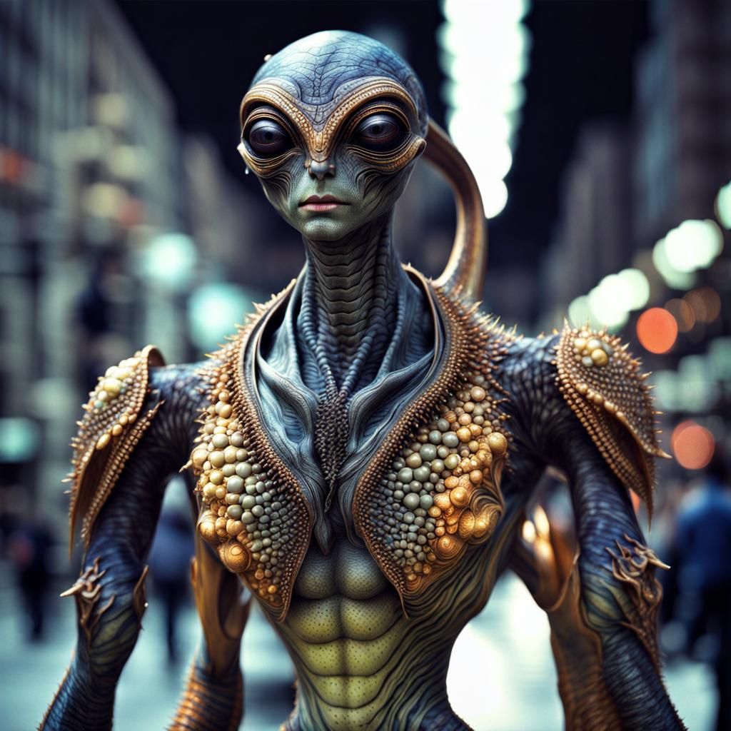 Photorealistic Aliens in Exotic Fashion: AI Generated Image