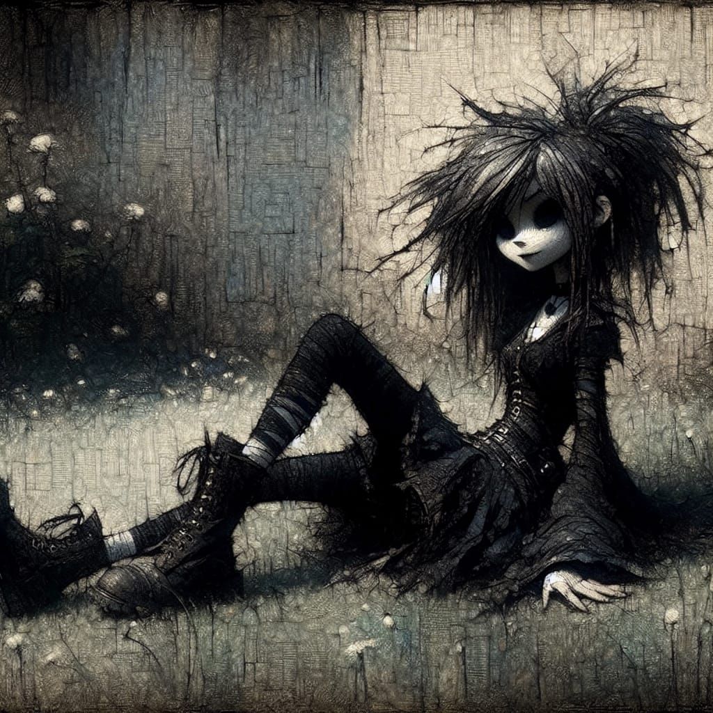 Charming Goth-Punk Girl in a Garden, Painterly Style