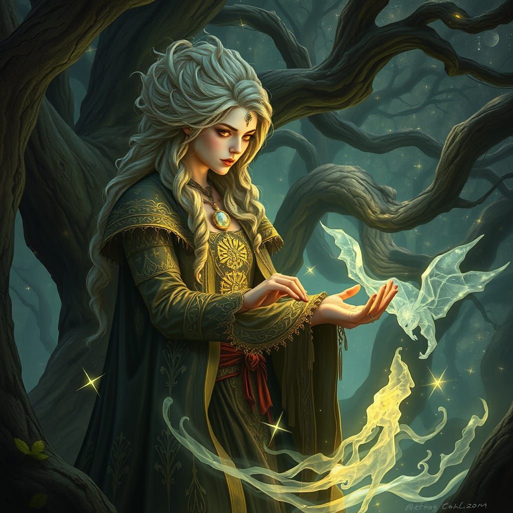 Moonlit Sorceress in Hidden Grove, Fantasy Art