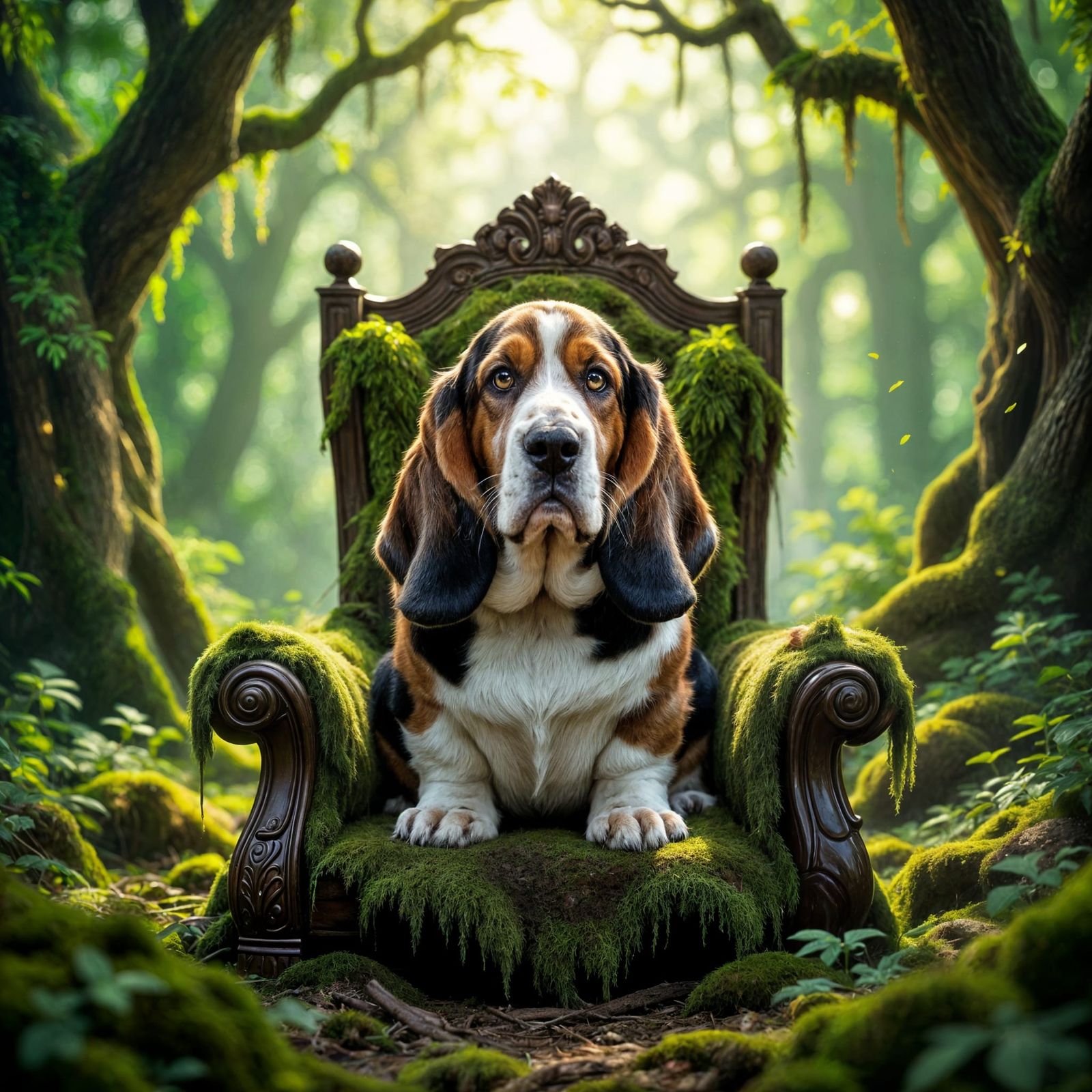 Basset Hound King on Moss Throne in Sunlit Forest