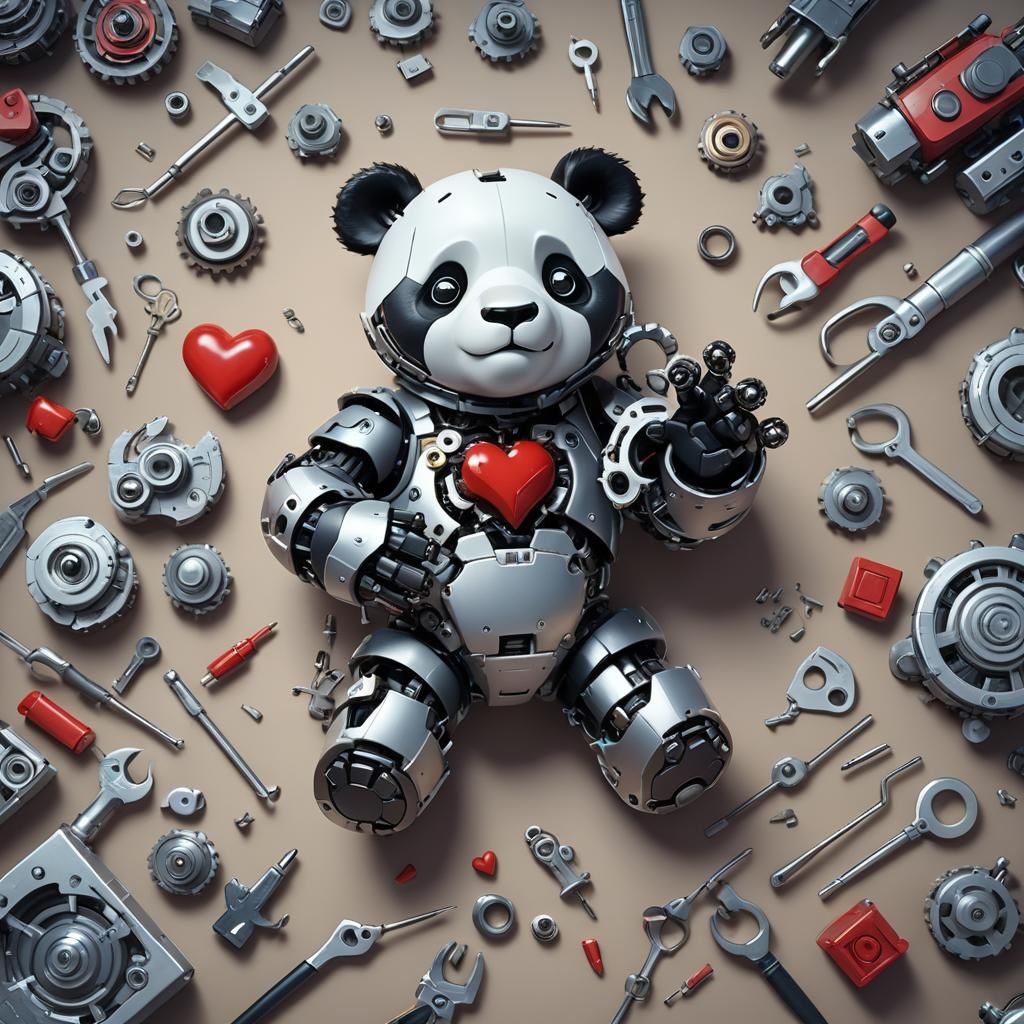 Robot Panda Repairs Heart: 3D Digital Art