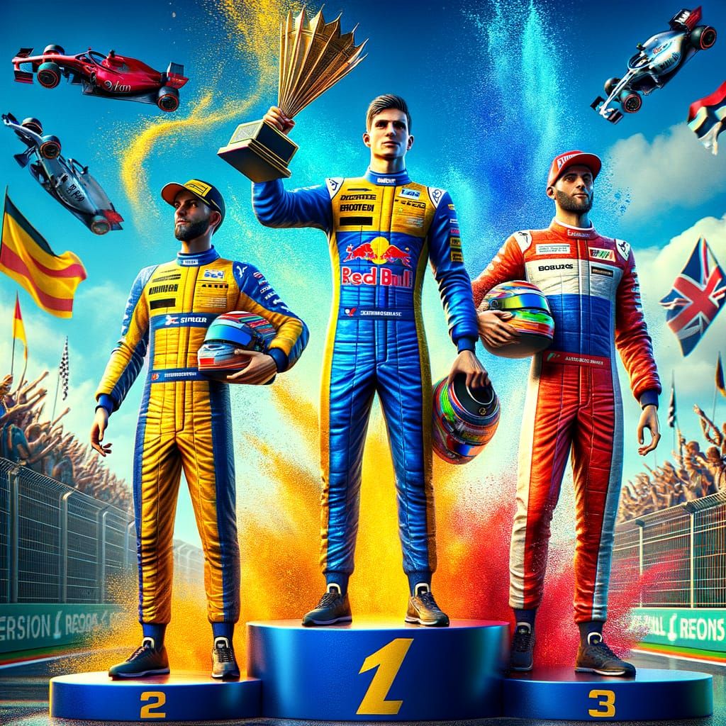 Formula 1 Champions on Podium in Hyperrealistic Splash Art S...