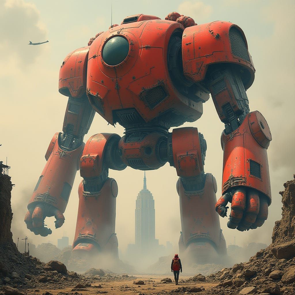 Futuristic Mecha Towers Over Ruined Cityscape in Industrial ...