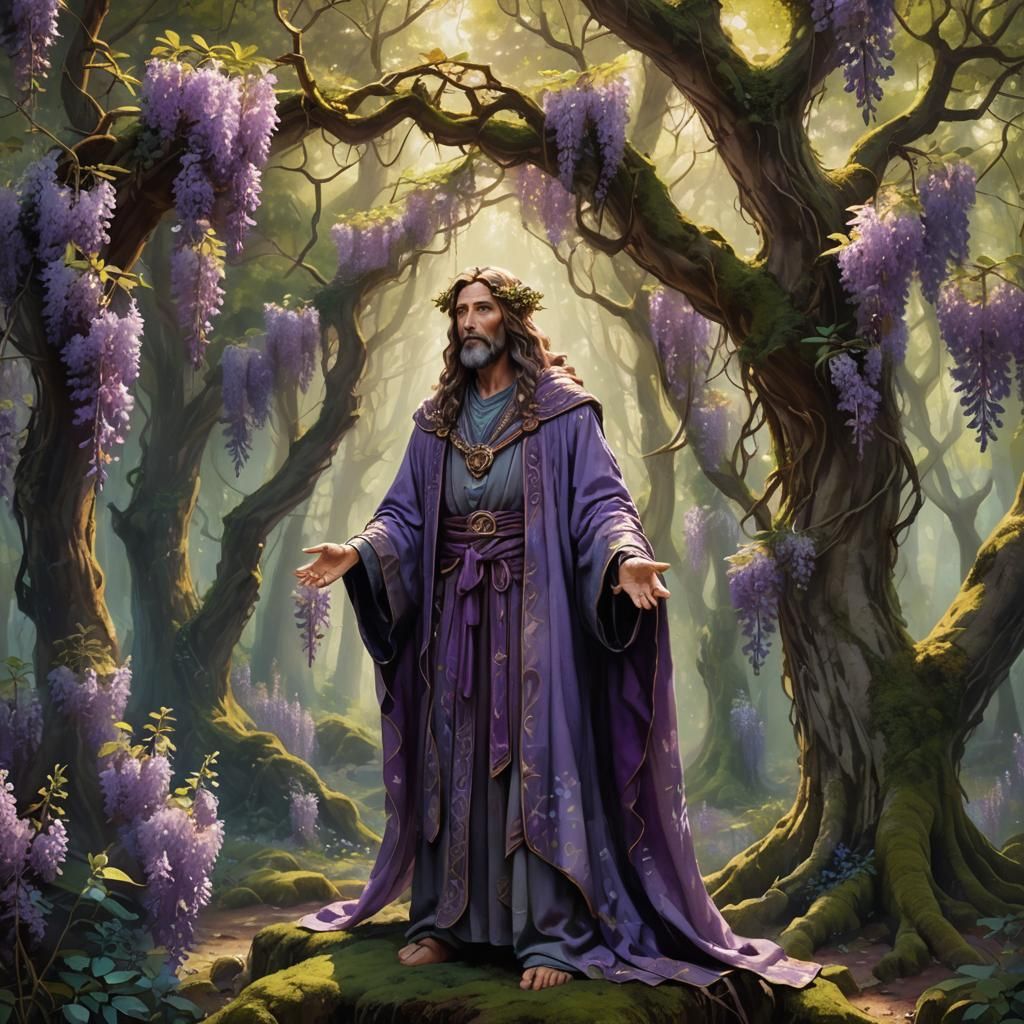 Wisteria Druid in Mystical Grove: Fantasy Oil Painting