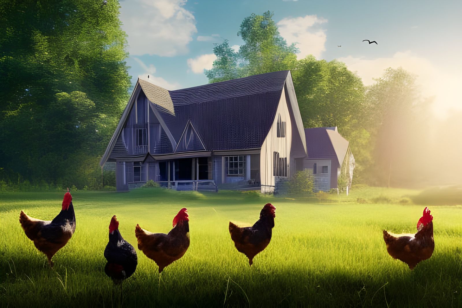 Blue Gothic Farmhouse with Chickens in Sunshine