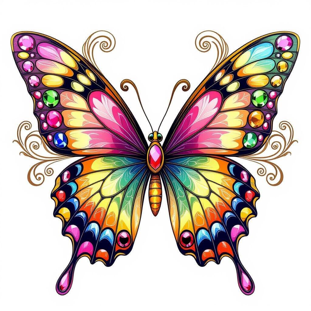 Jeweled Butterfly with Iridescent Wings in Art Nouveau Style