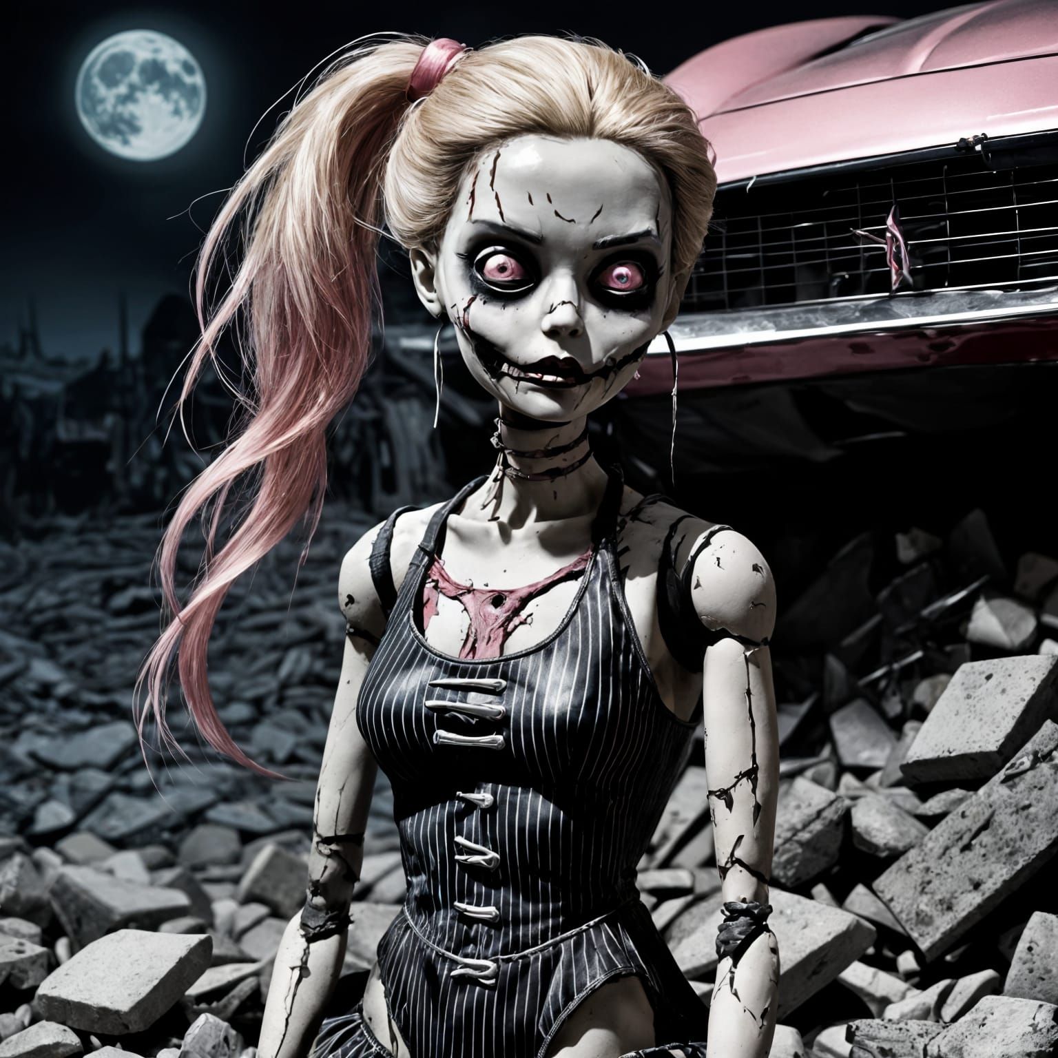 Distorted Barbie Doll Zombie Under Moonlight