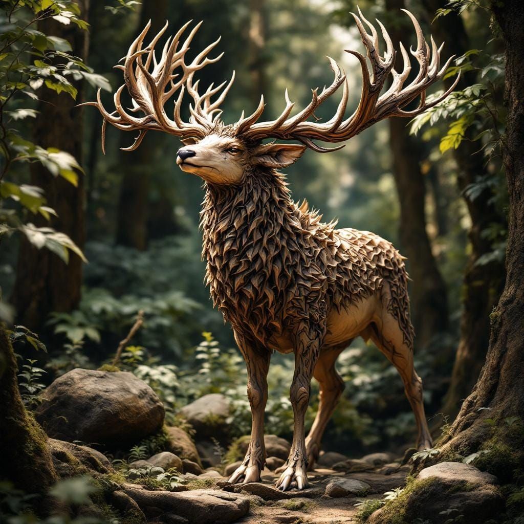 Fantasy Buck Wood Carving in Regal Pose