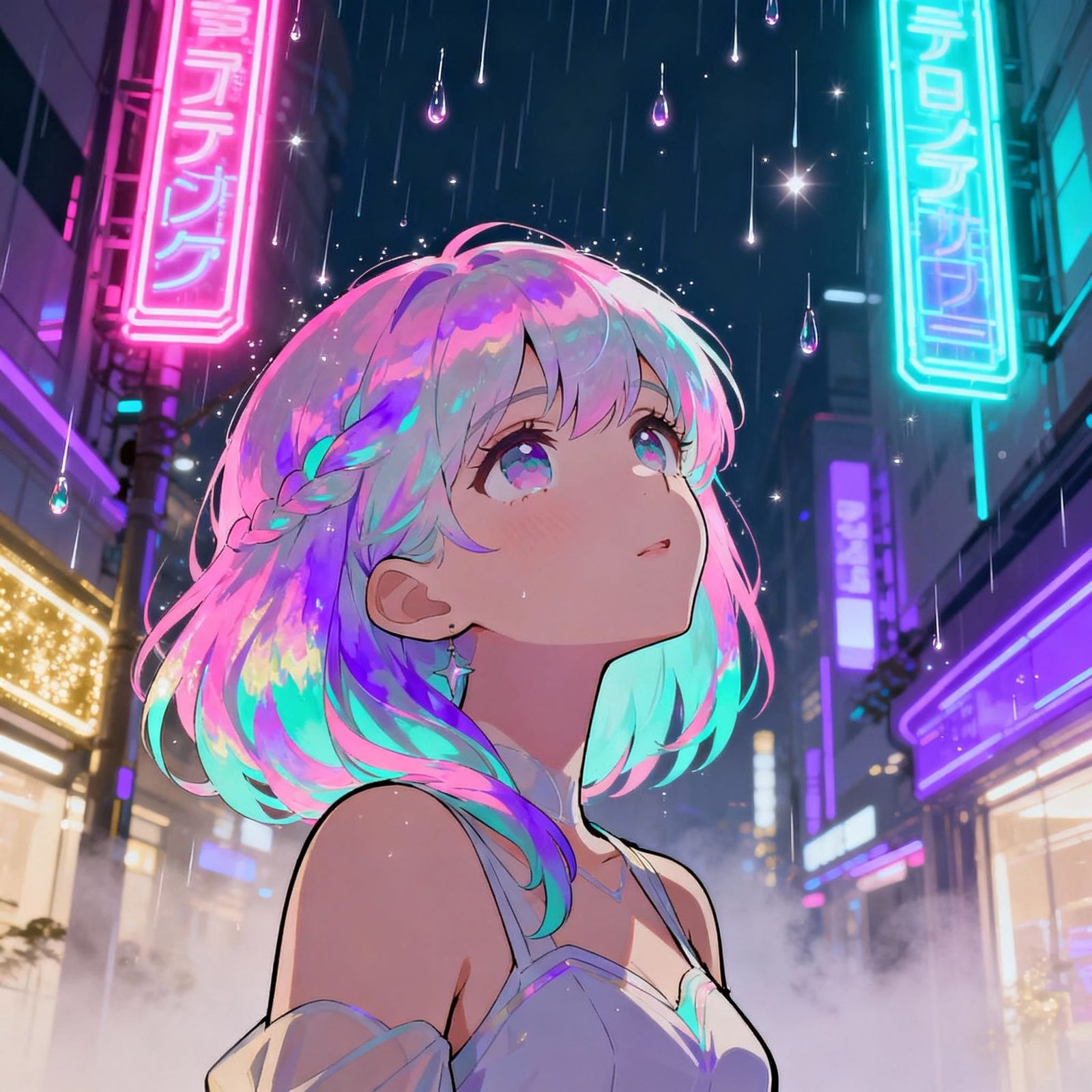 Celestial Girl in Futuristic Neon City