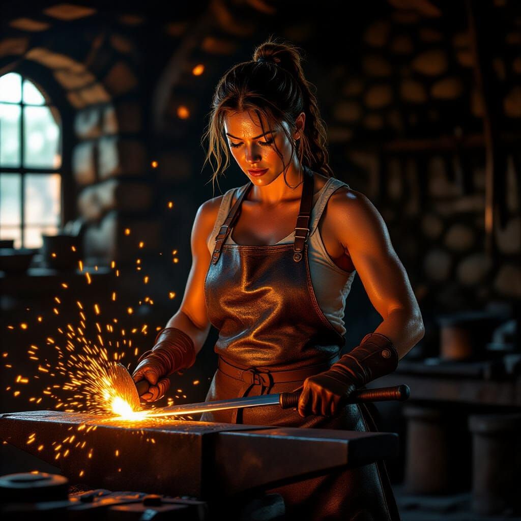 Female Blacksmith Forging Sword in Dim Forge
