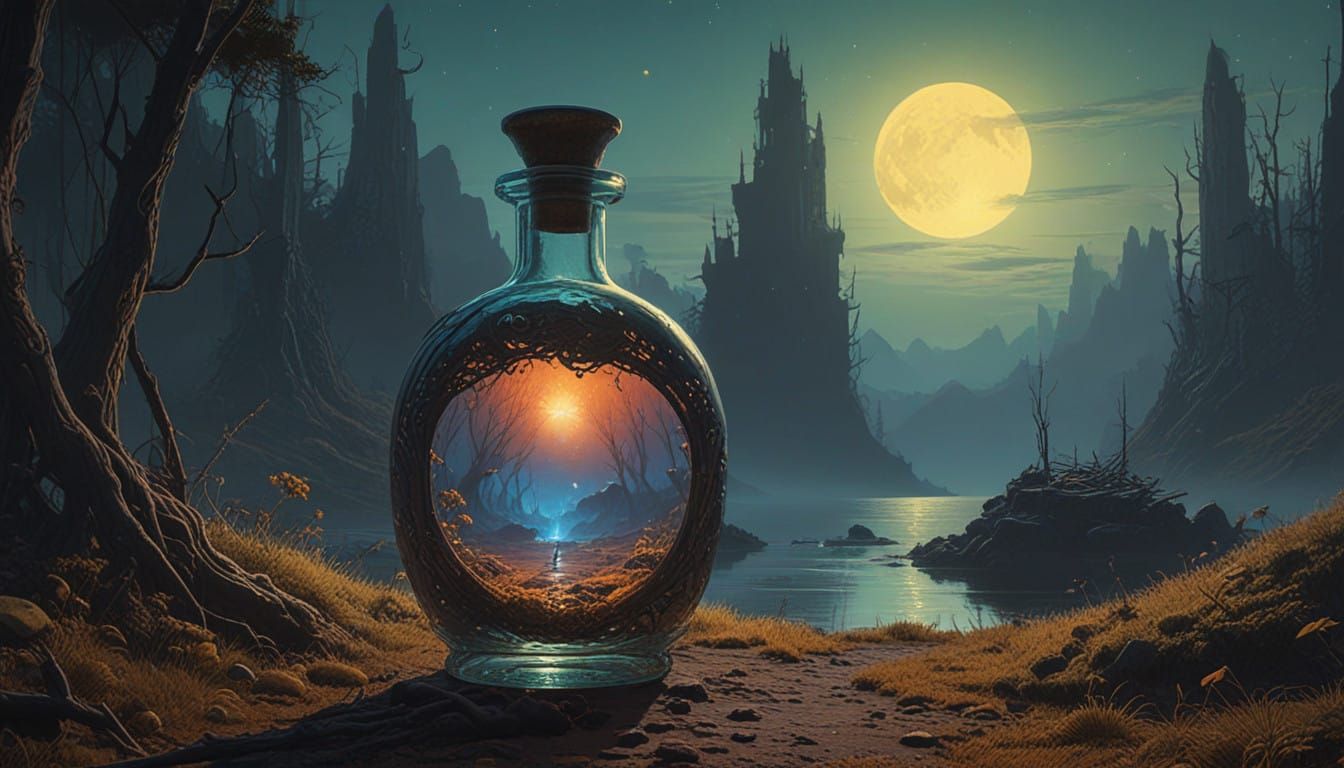 highly detailed image of a magical potion bottle pouring a galaxy into space, delicate, beautiful, extremely high qualit...