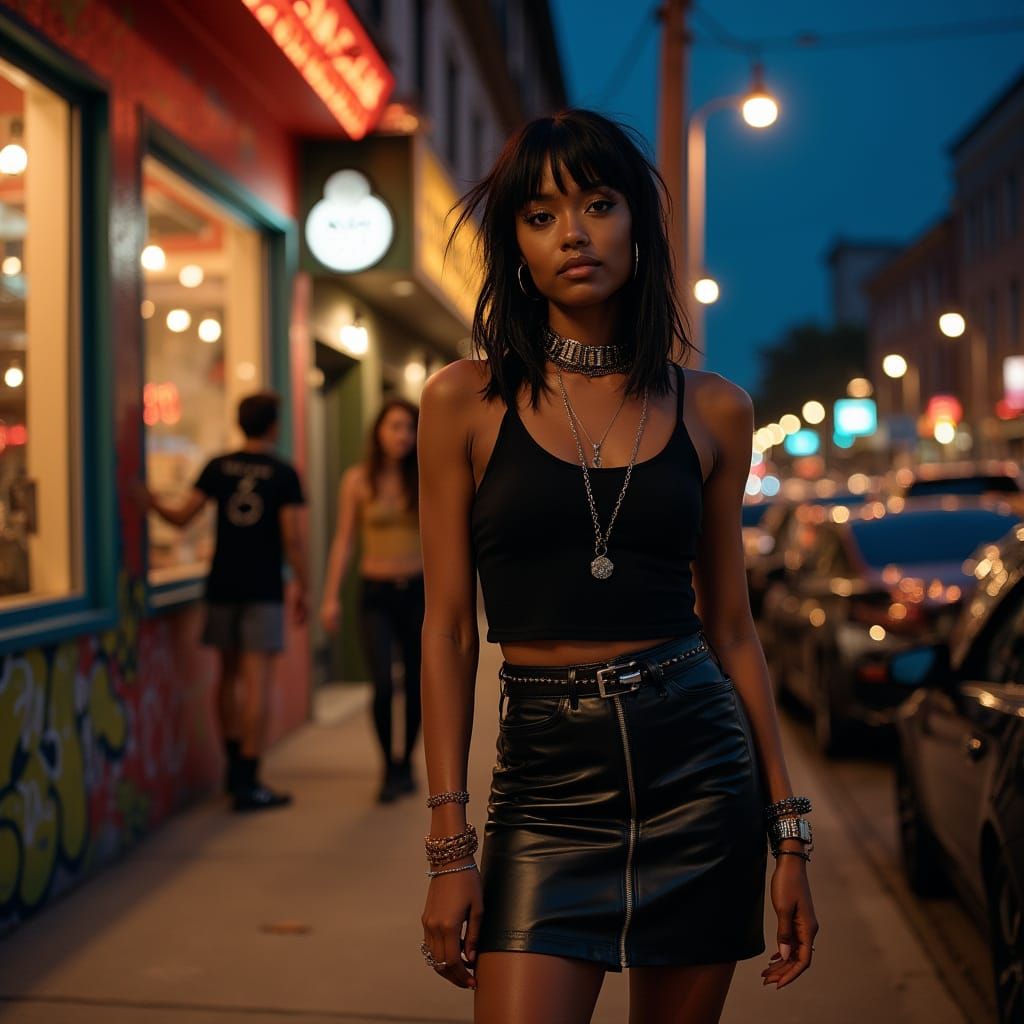 Punk Style Woman Outside Club at Night