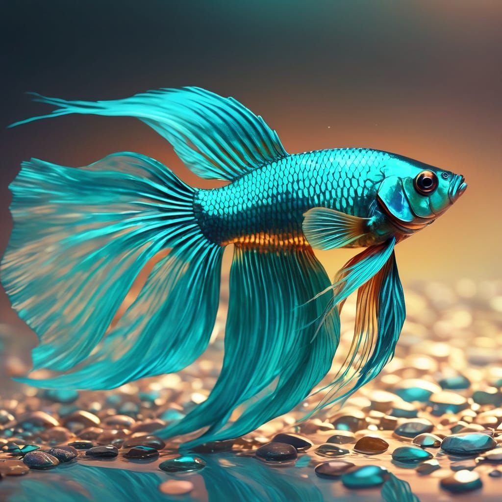 Turquoise and Gold Betta Fish in Shimmering Water