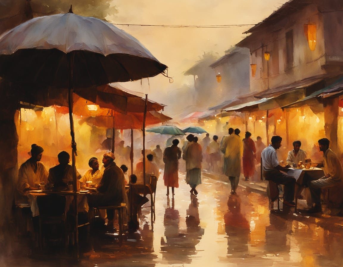 Indian Village Cafe: Watercolor Impressionism