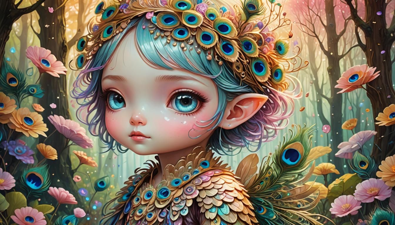 Cute Fairy Chibi with Peacock Feathers in Watercolor Style