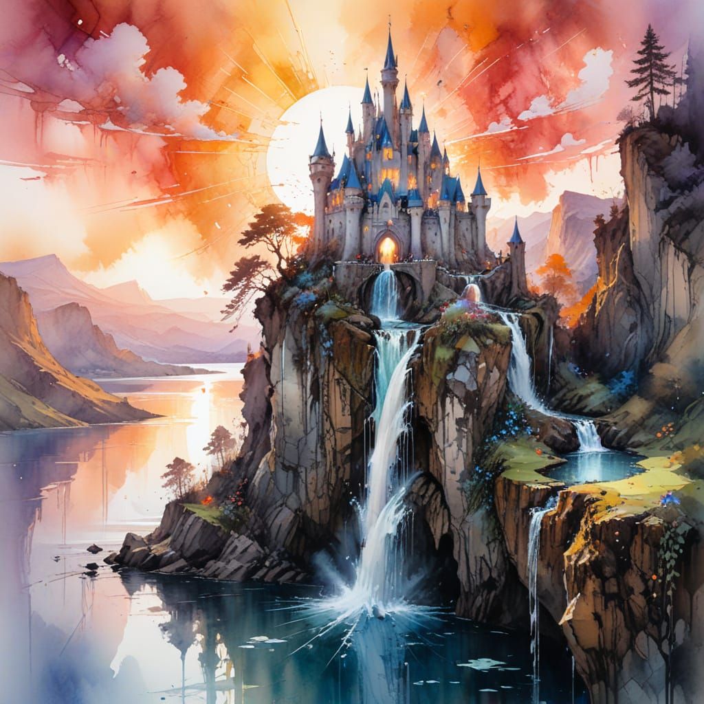 Ethereal Sunset Castle in Whimsical Wonderland