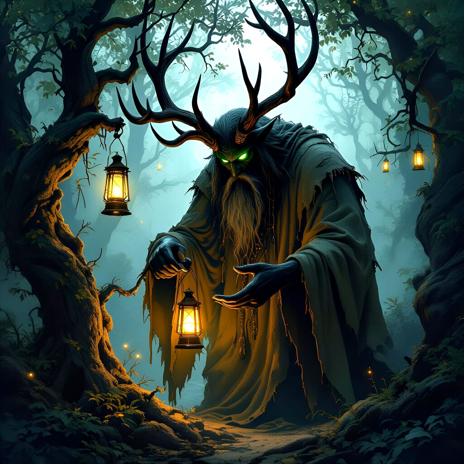 Colossal Antlered Giant Lights Lanterns in Enchanted Forest
