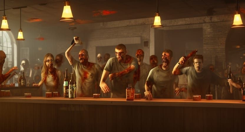 Zombies Drinking Beer at Bar: 3D Render
