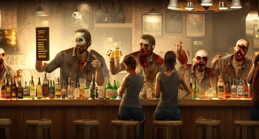 Zombies Drinking Beer at Bar Counter in 3D