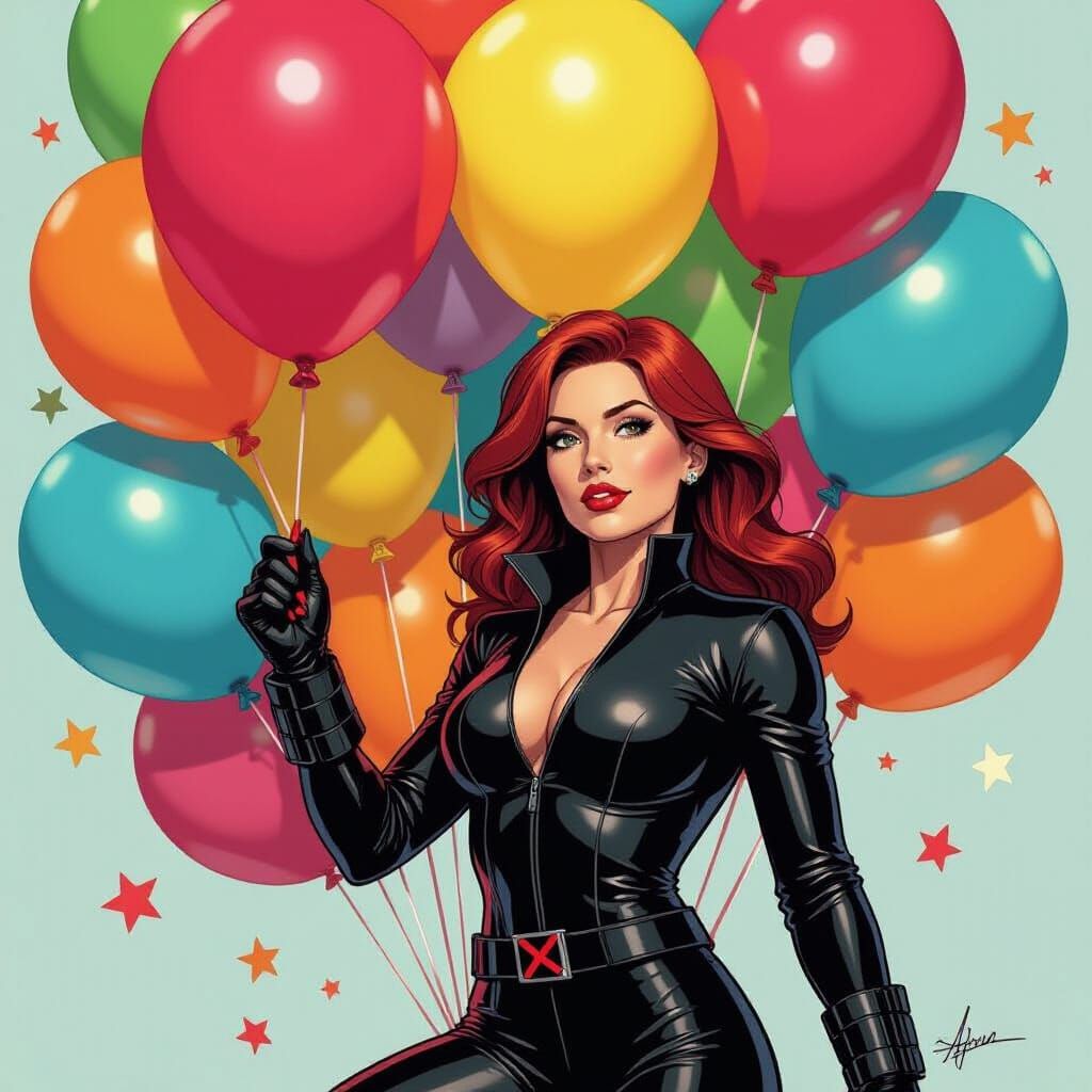 Black Widow Pops Balloon: Comic Book Illustration