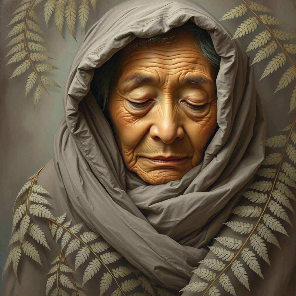 Chinkasee Grandmother in Taupe Robe with Ferns