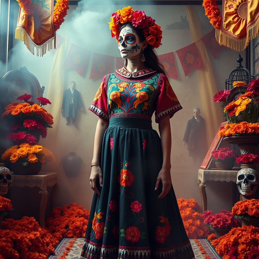 Surreal Day of the Dead Dreamscape in Vibrant Embroidered Dr...