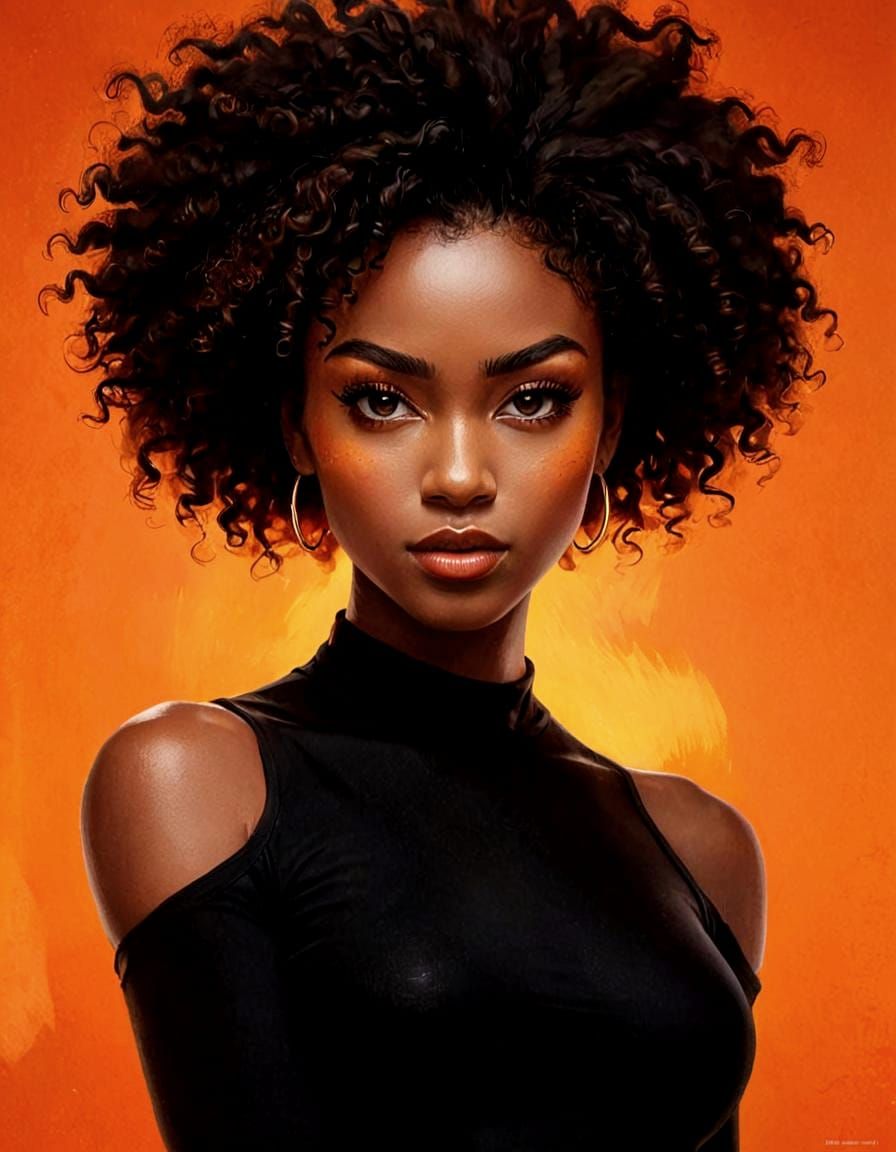 Confident Woman with Afro in Fiery Digital Art
