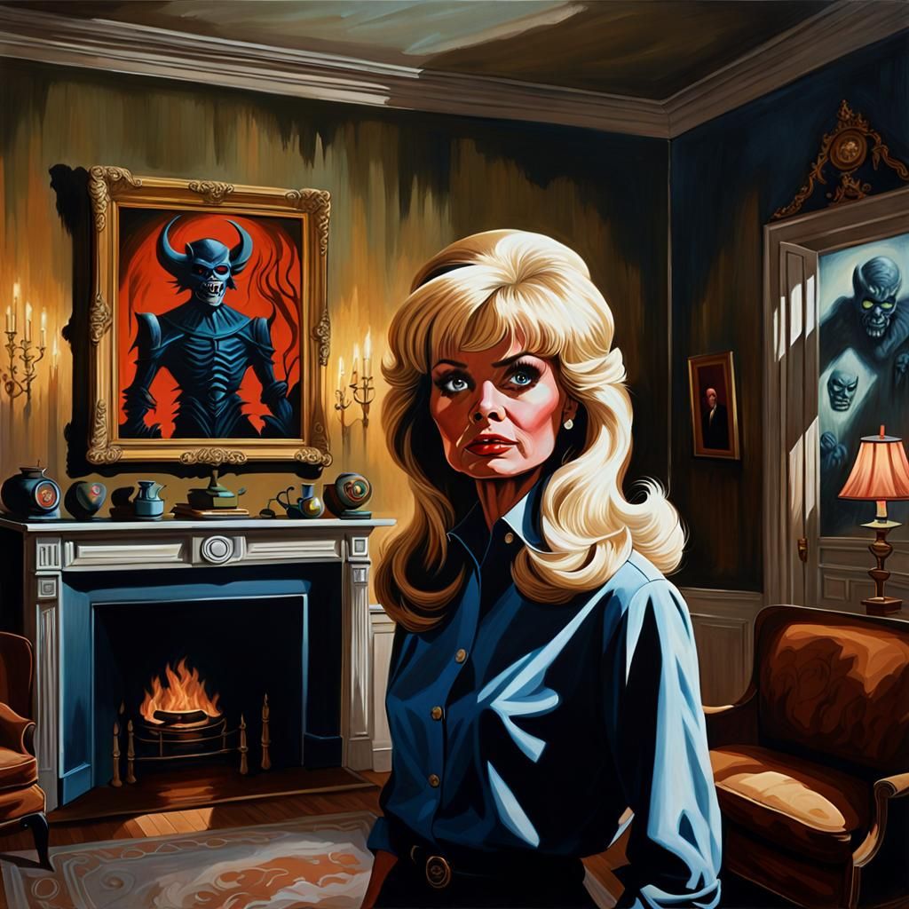 Terrified Woman in Drawing Room, Photorealistic Oil Painting