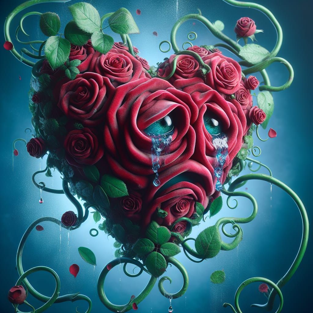 Surreal Heart in Velvet Roses Weeps with Emerald Vines