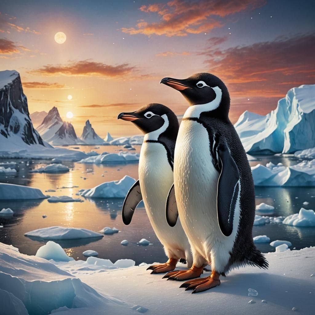 Beautiful fluffy happy penguin in antarctica, vintage sunris...