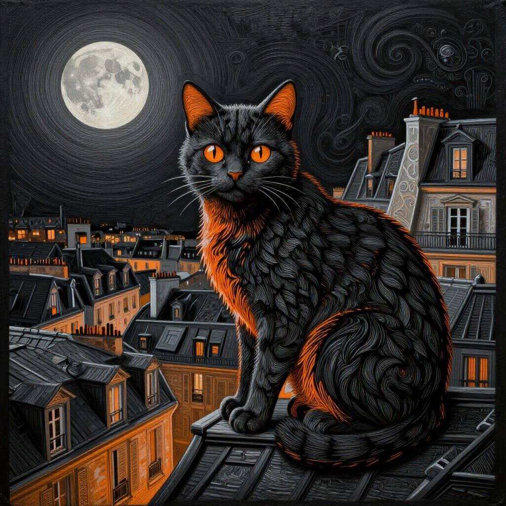 Black and Orange Cat on Parisian Roofs Under Moon