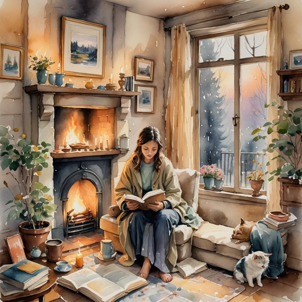 A peaceful living room scene with a glowing fireplace, soft ...