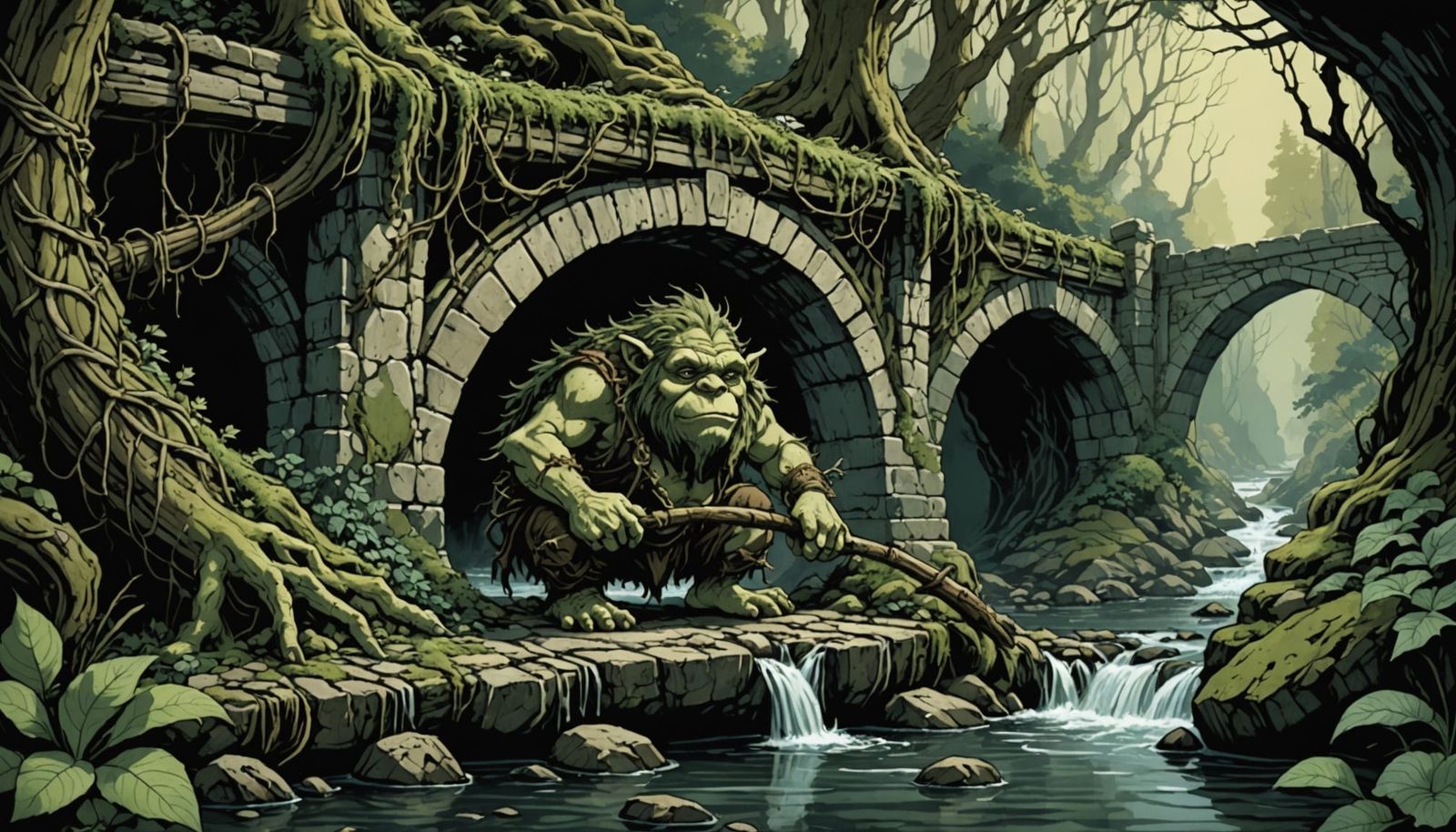 Moss Troll Fishing Under Bridge in Dark Fantasy Style
