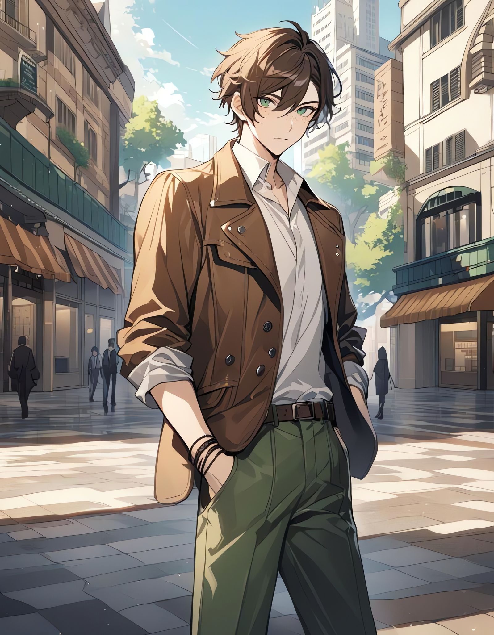 Cowboy Bishounen in Vibrant City Plaza