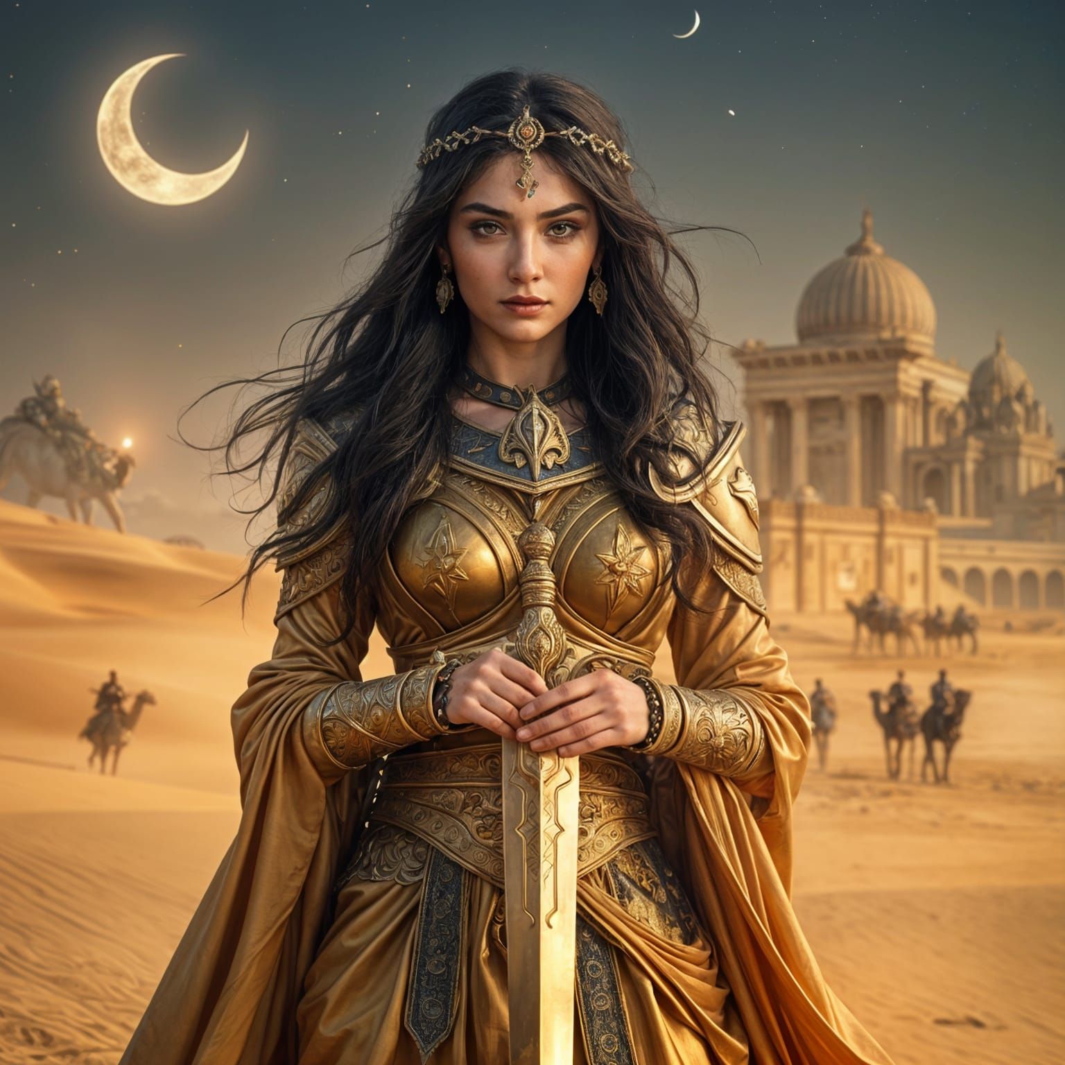 Majestic Warrior Queen in Golden Desert Landscape