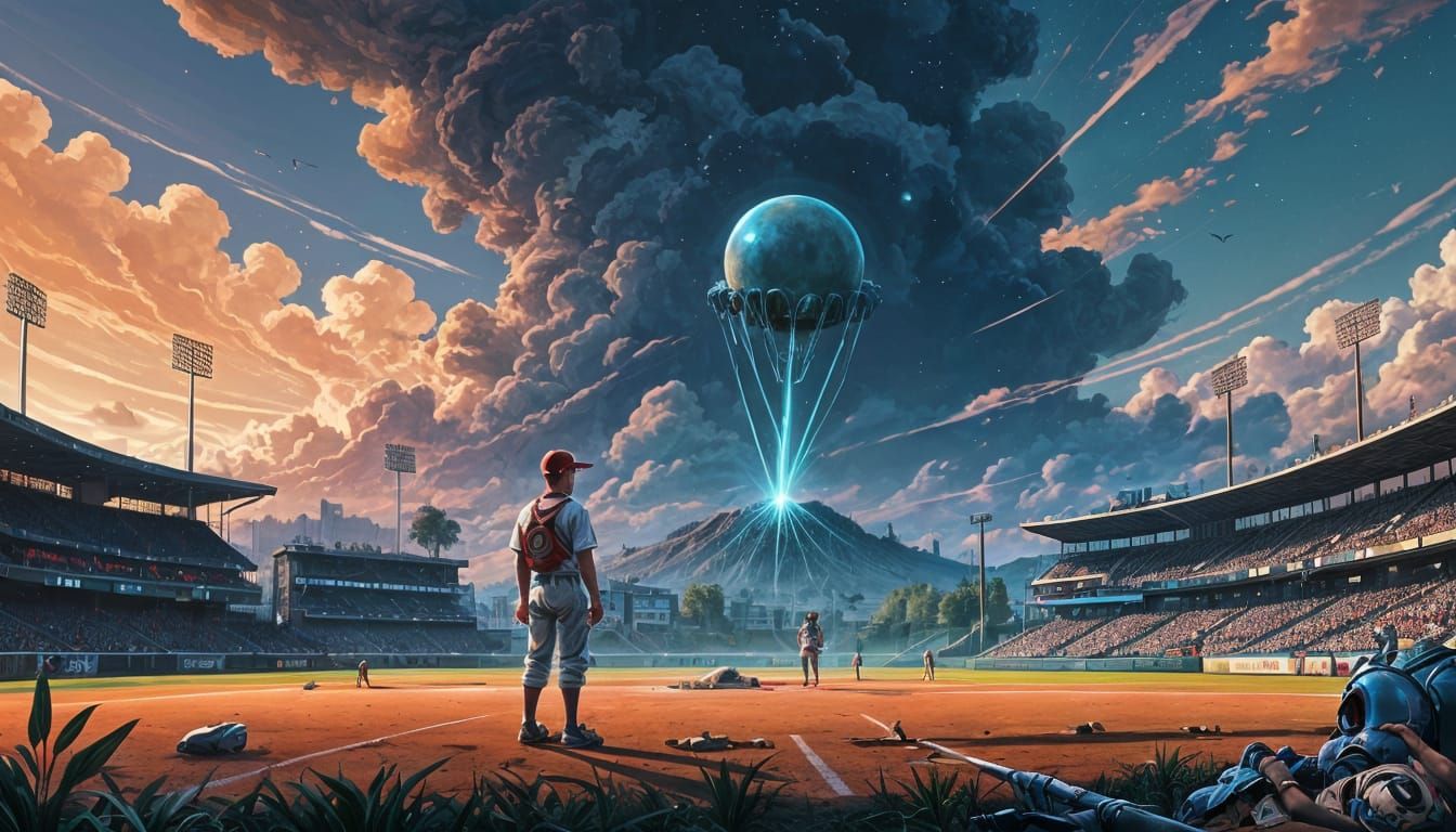 Teen Boy Meets Alien in Twilight Baseball Field in a Digital...