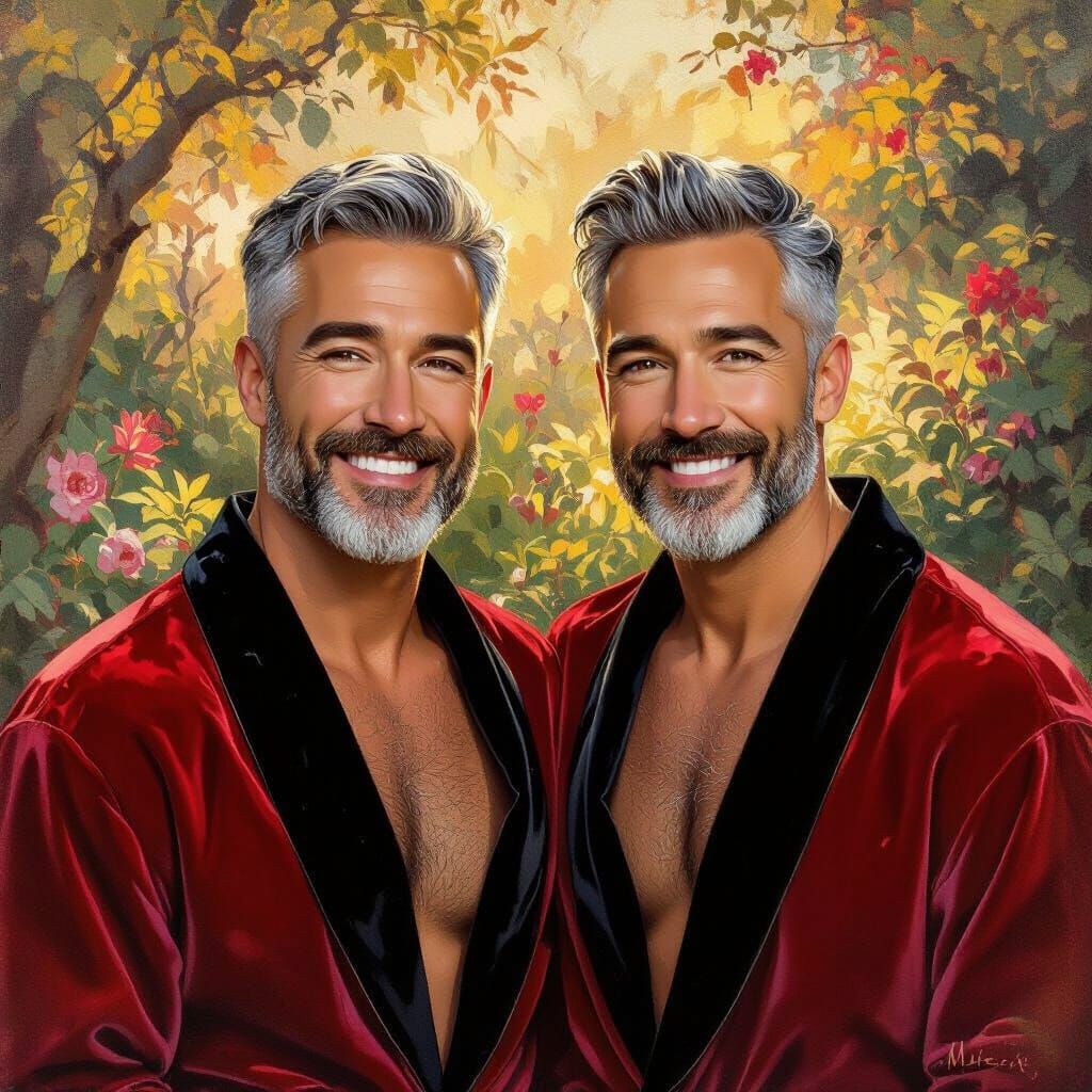 Impressionist Garden Portrait of Two Dads in Velvet Robes