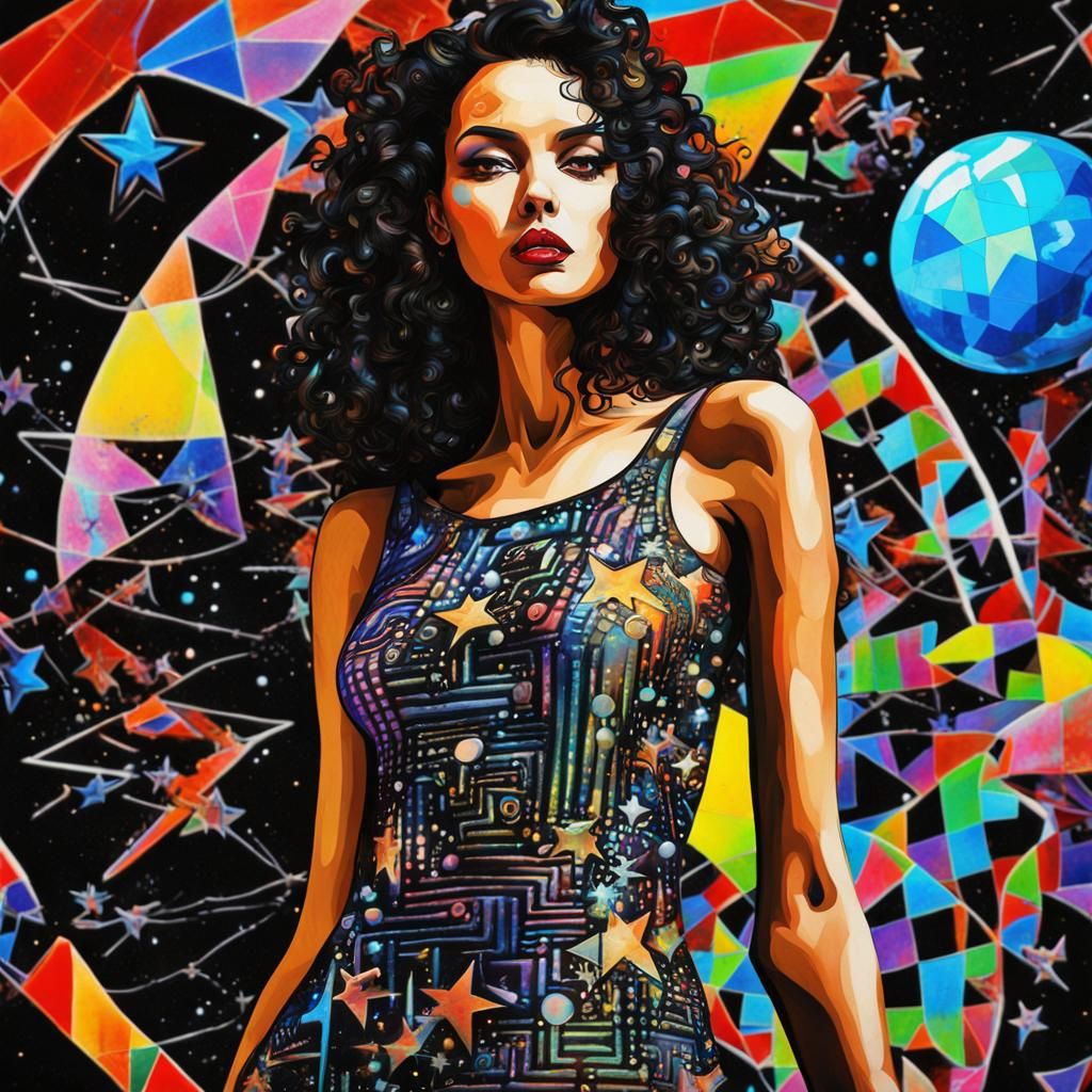 Space, completely black, 3D batik, prismatic, pop art, holographic. crazy fashion model with binary stars dress with pla...